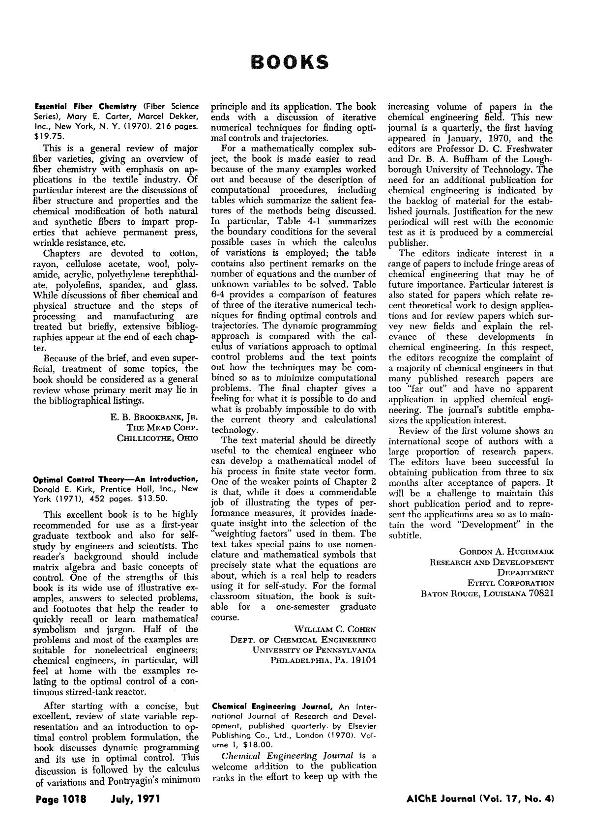 Chemical engineering journal, An International Journol of Reseorch ond Development, Published Quarterly by Elsevier Publishing Co., Ltd., London (1970). Volume I, [dollar]18.00 by Unknown