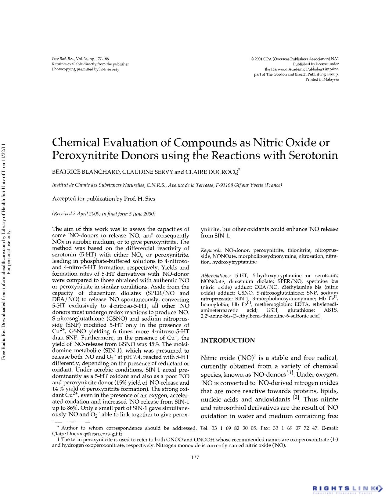Chemical evaluation of compounds as nitric oxide or peroxynitrite donors using the reactions with serotonin by Beatrice Blanchard Claudine Servy & Claire Ducrocq