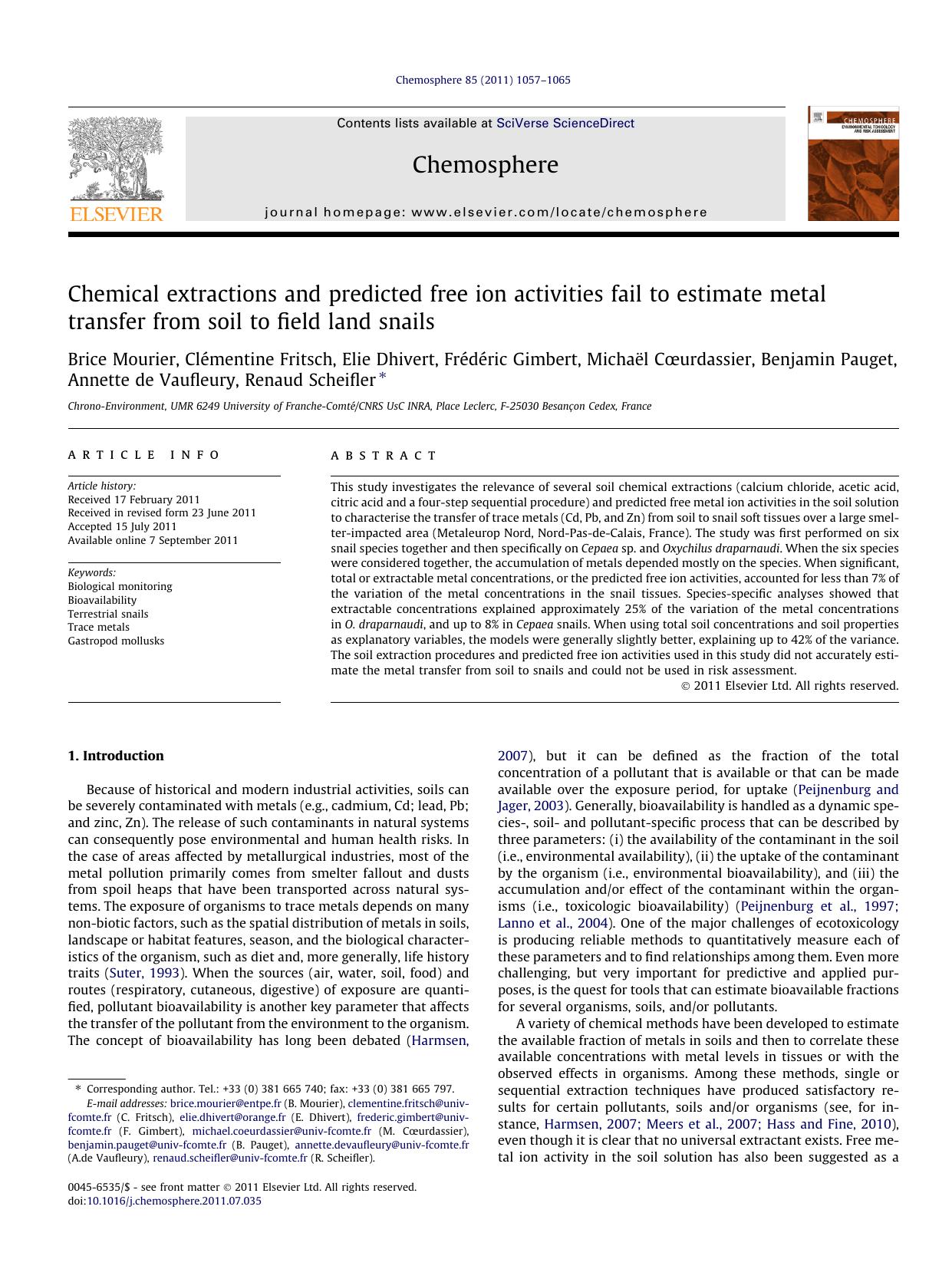 Chemical extractions and predicted free ion activities fail to estimate metal transfer from soil to field land snails by unknow