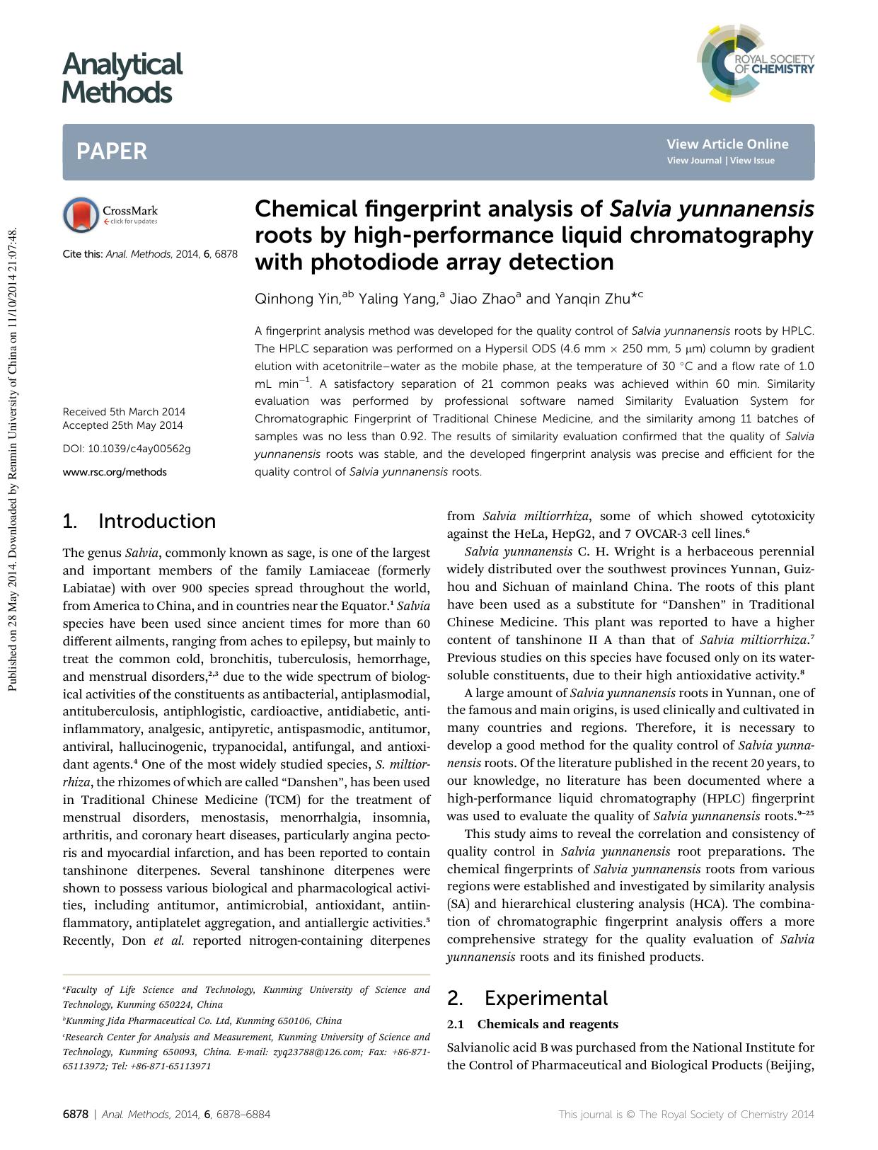 Chemical fingerprint analysis of Salvia yunnanensis roots by high-performance liquid chromatography with photodiode array detection by Qinhong Yin & Yaling Yang & Jiao Zhao & Yanqin Zhu