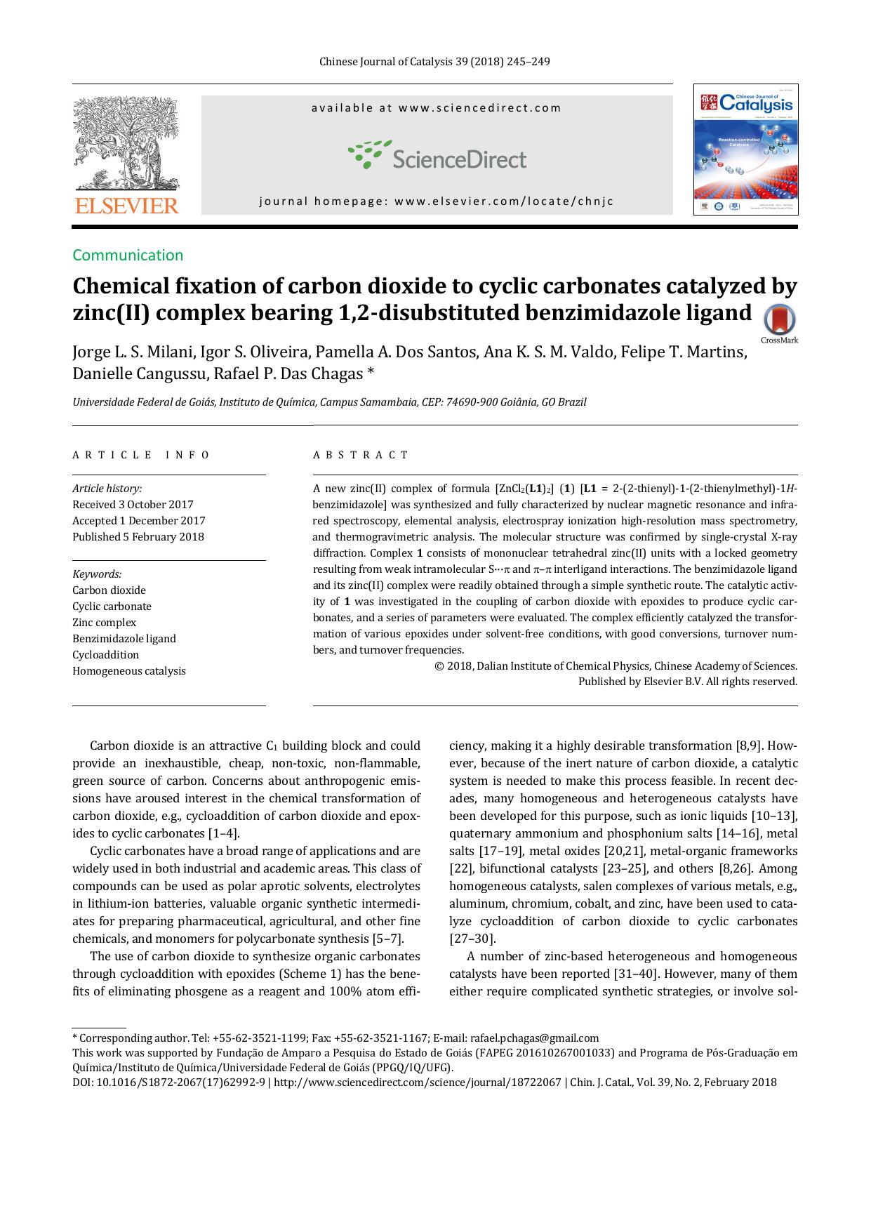 Chemical fixation of carbon dioxide to cyclic carbonates catalyzed by zinc(II) complex bearing 1,2-disubstituted benzimidazole ligand by unknow