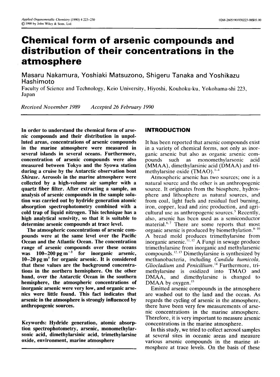 Chemical form of arsenic compounds and distribution of their concentrations in the atmosphere by Unknown