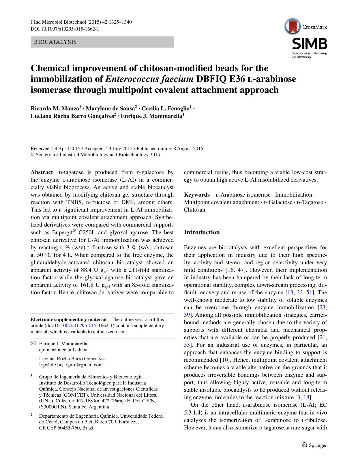 Chemical improvement of chitosan-modified beads for the immobilization of Enterococcus faecium DBFIQ E36 l-arabinose isomerase through multipoint covalent attachment approach by unknow