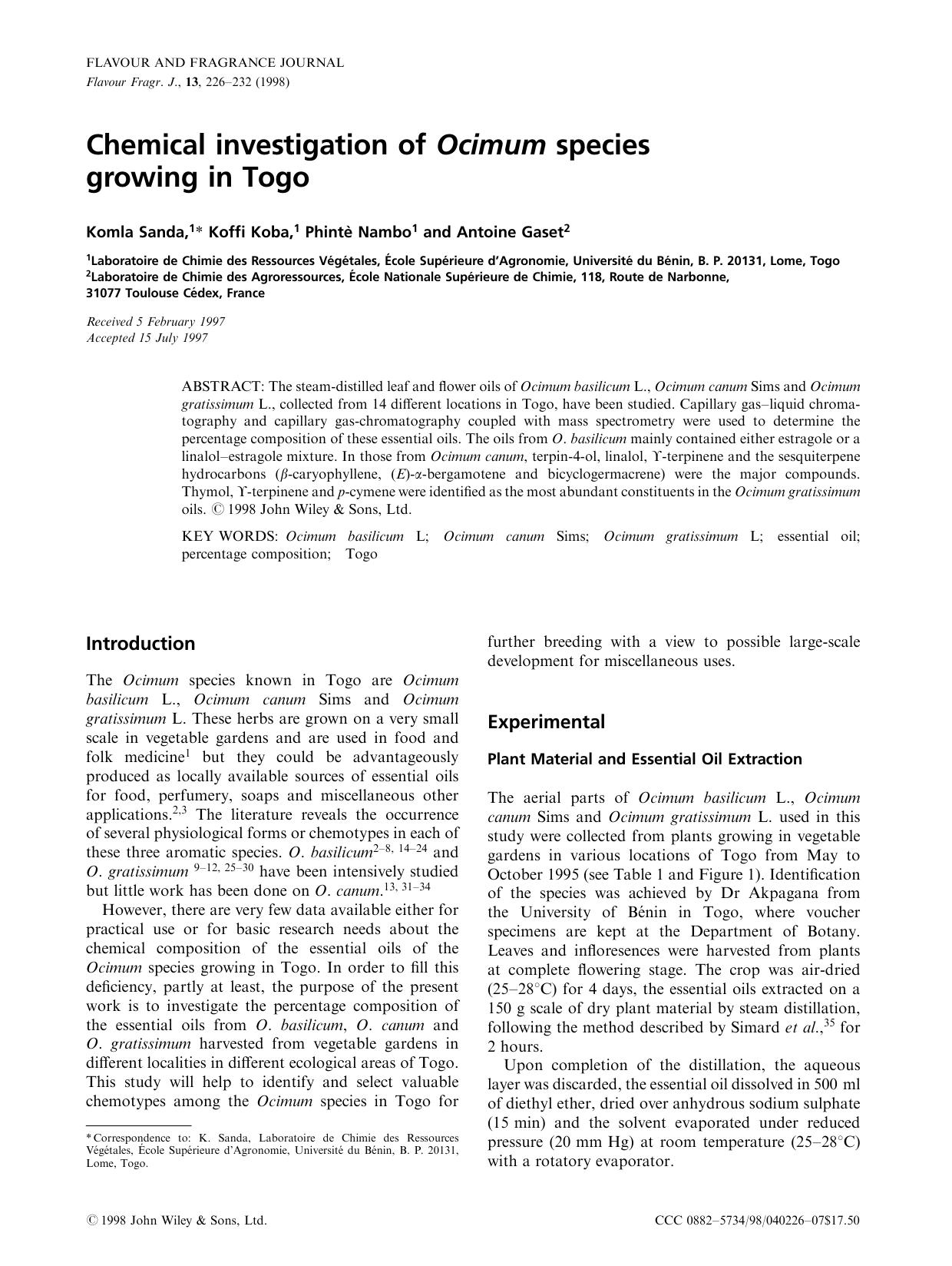 Chemical investigation of Ocimum species growing in Togo by Unknown