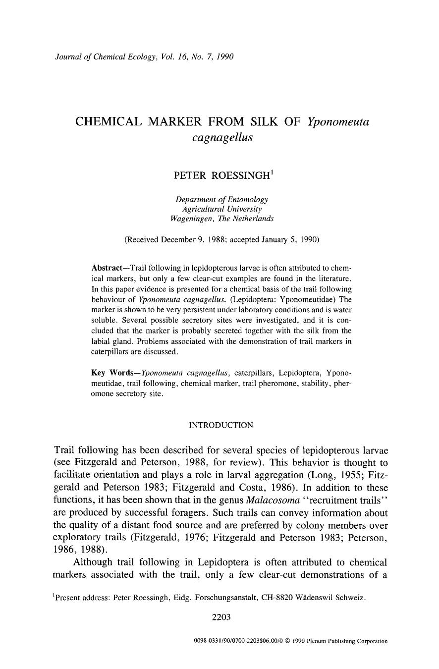 Chemical marker from silk of <Emphasis Type="Italic">Yponomeuta cagnagellus <Emphasis> by Unknown