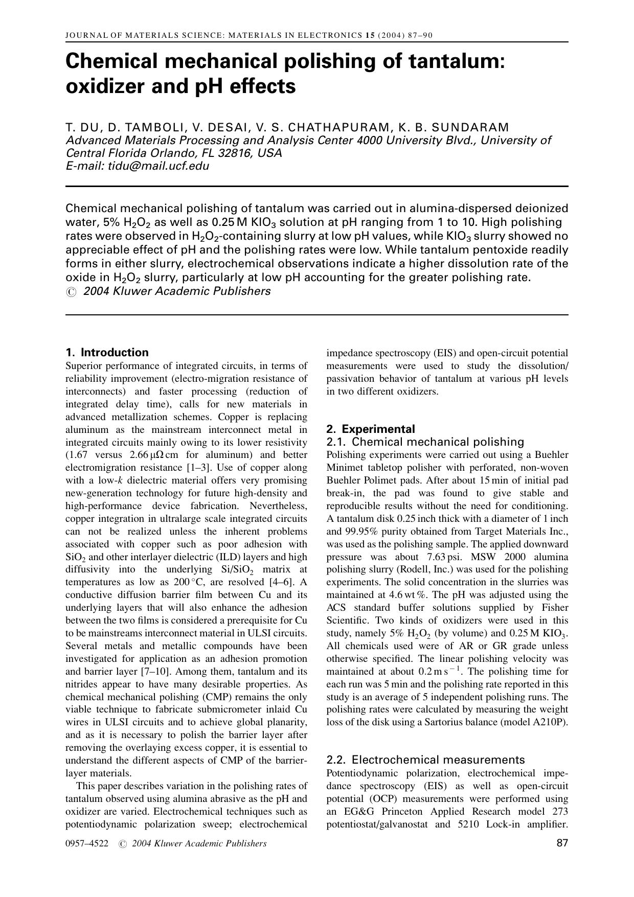 Chemical mechanical polishing of tantalum: oxidizer and pH effects by Unknown