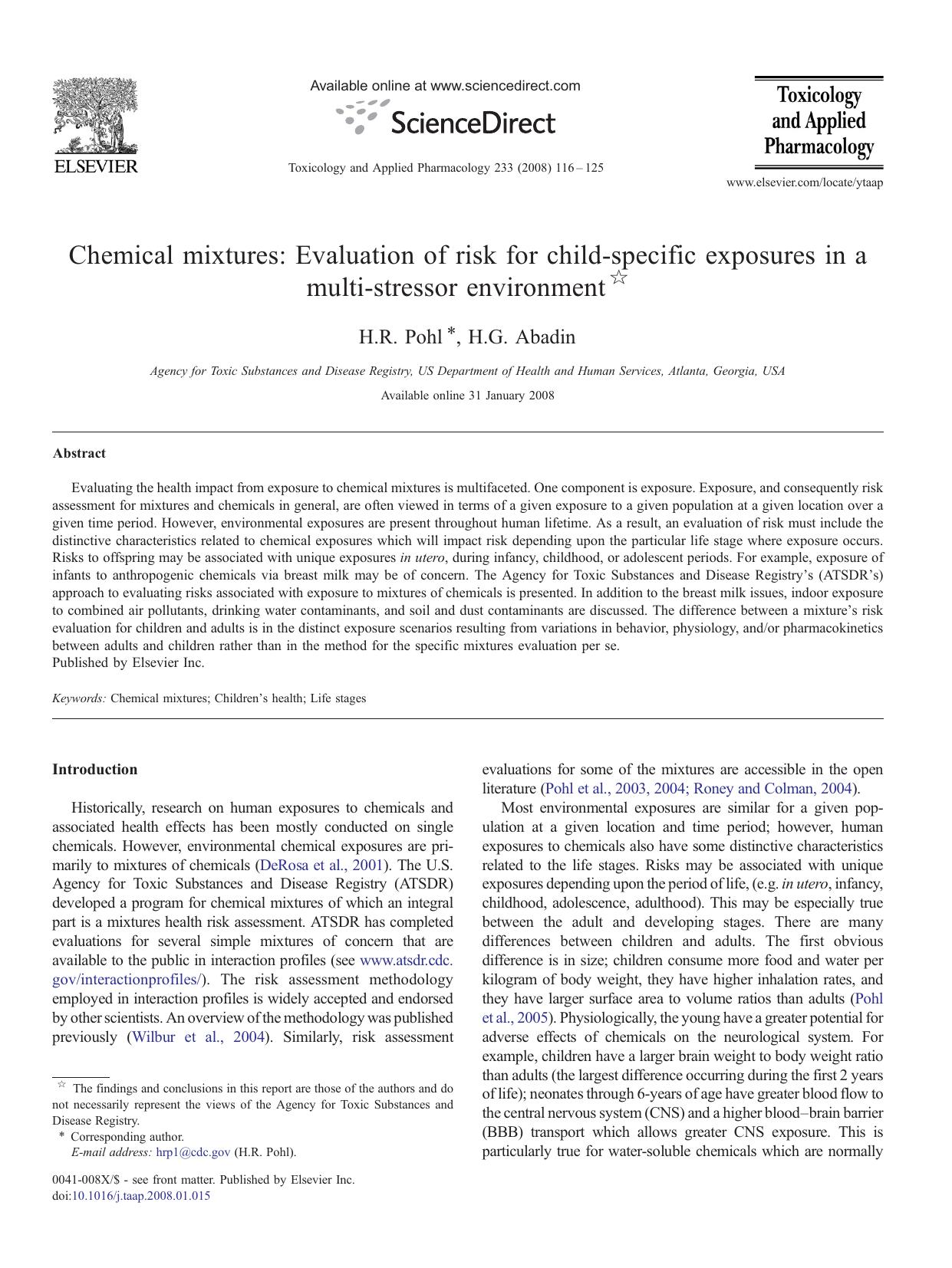 Chemical mixtures: Evaluation of risk for child-specific exposures in a multi-stressor environment by H.R. Pohl; H.G. Abadin