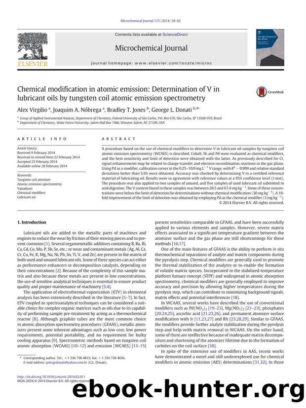 Chemical modification in atomic emission: Determination of V in lubricant oils by tungsten coil atomic emission spectrometry by Alex Virgilio & Joaquim A. Nóbrega & Bradley T. Jones & George L. Donati