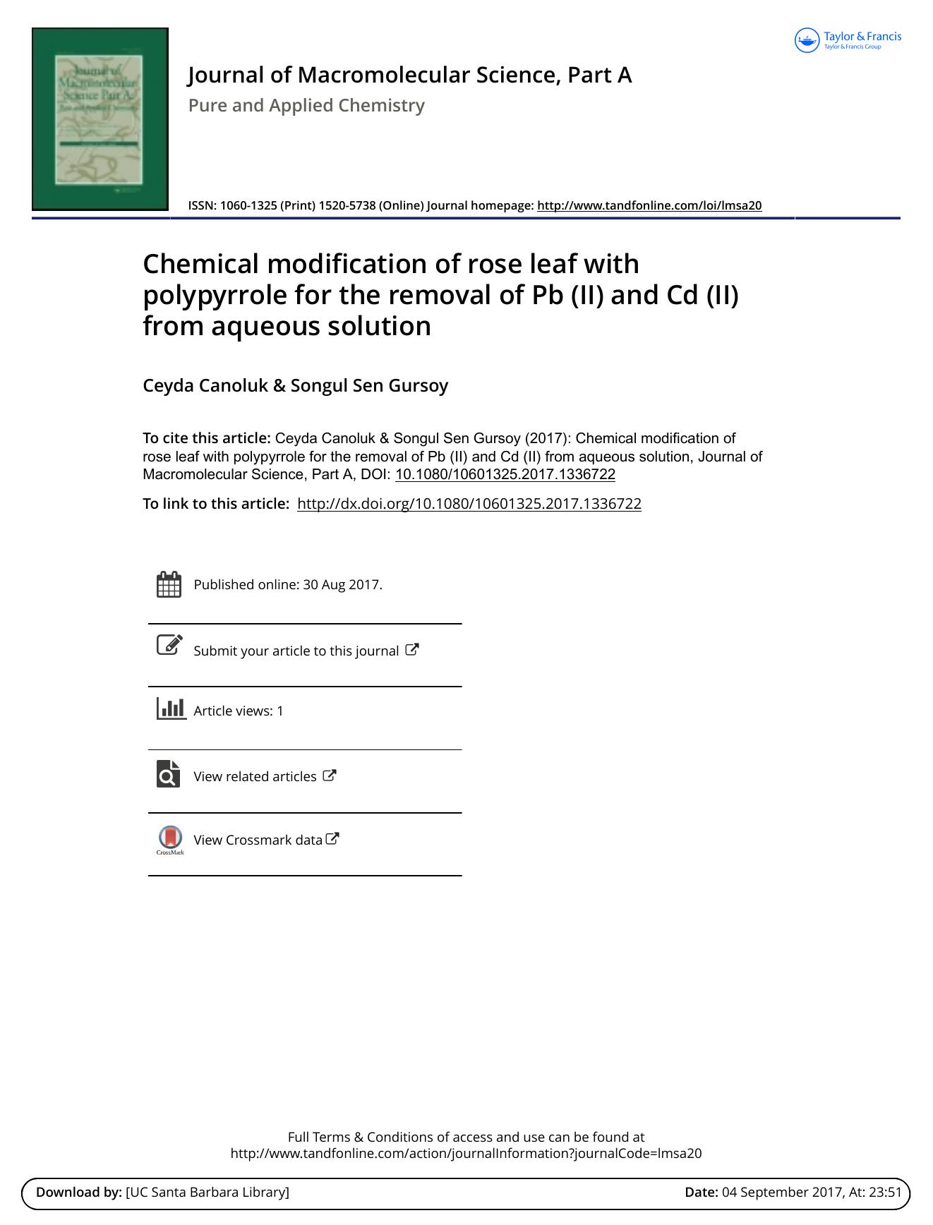 Chemical modification of rose leaf with polypyrrole for the removal of Pb \(II\) and Cd \(II\) from aqueous solution by Ceyda Canoluk & Songul Sen Gursoy