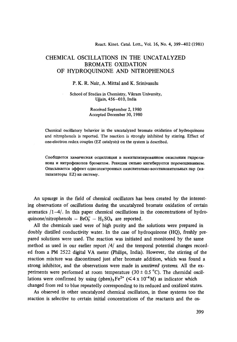 Chemical oscillations in the uncatalyzed bromate oxidation of hydroquinone and nitrophenols by Unknown