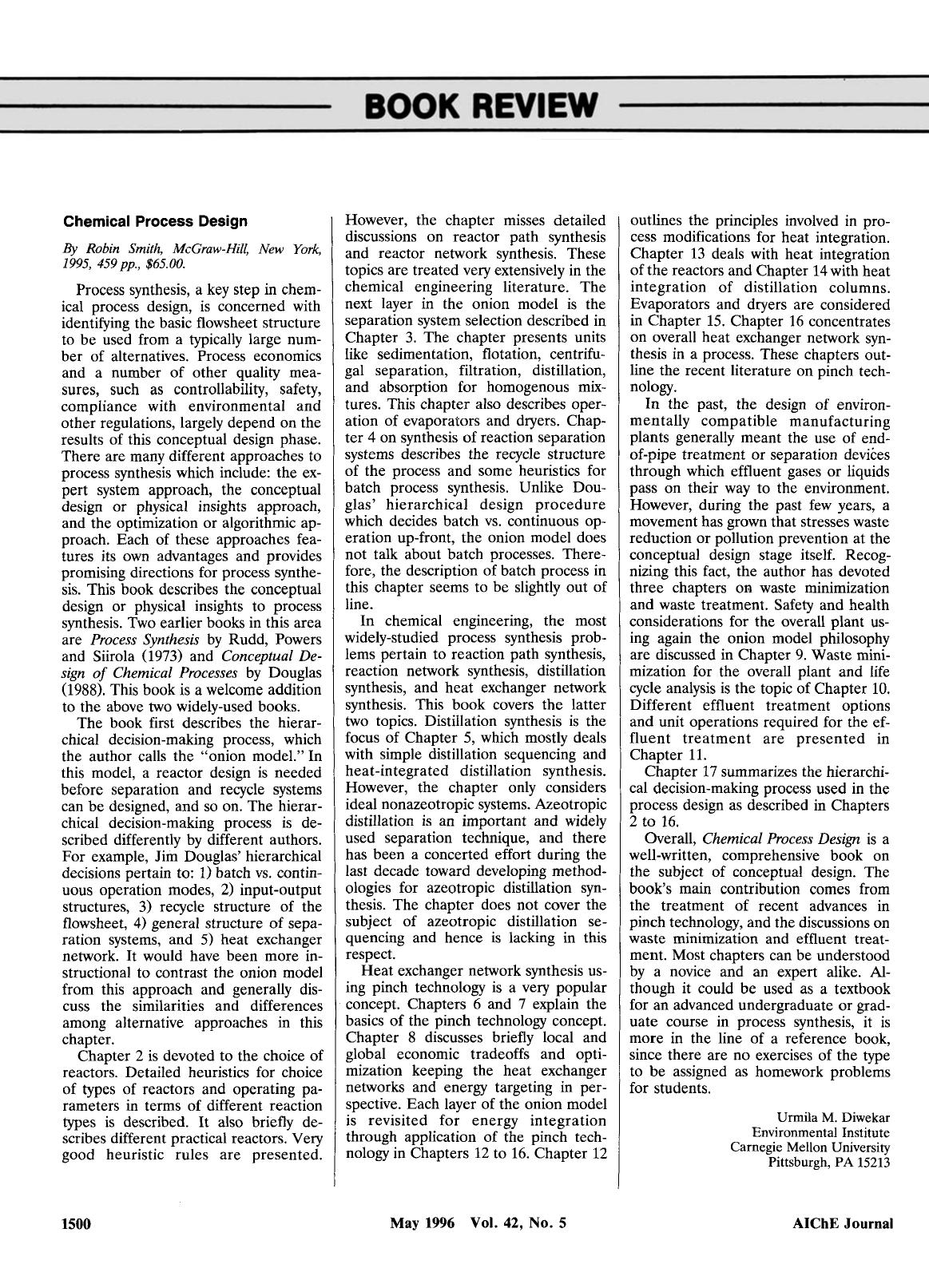 Chemical process design. By Robin Smith, McGraw-Hill, New York, 1995, 459 pp., [dollar]65.00 by Unknown