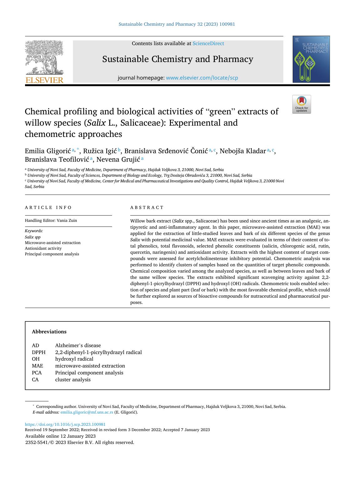 Chemical profiling and biological activities of Ã¢greenÃ¢ extracts of willow species ( Salix L., Salicaceae): Experimental and chemometric approaches by unknow
