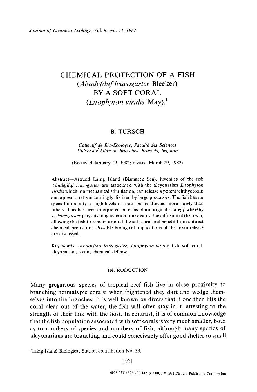 Chemical protection of a fish ( <Emphasis Type="Italic">Abudefduf leucogaster <Emphasis> bleeker) by a soft coral (Litophyton viridis May) by Unknown