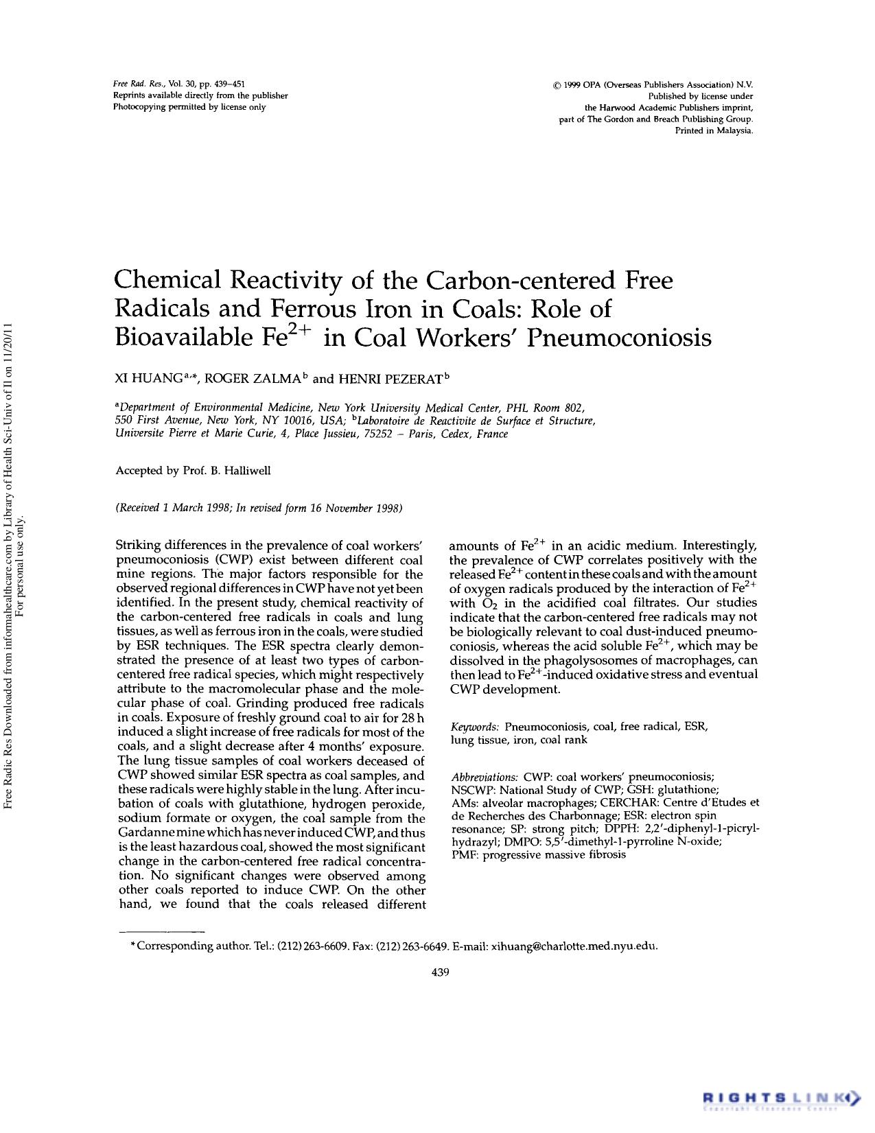 Chemical reactivity of the carbon-centered free radicals and ferrous iron in coals: Role of bioavailable Fe2+ in coal workers' pneumoconiosis by Xi Huang Roger Zalma & Henri Pezerat