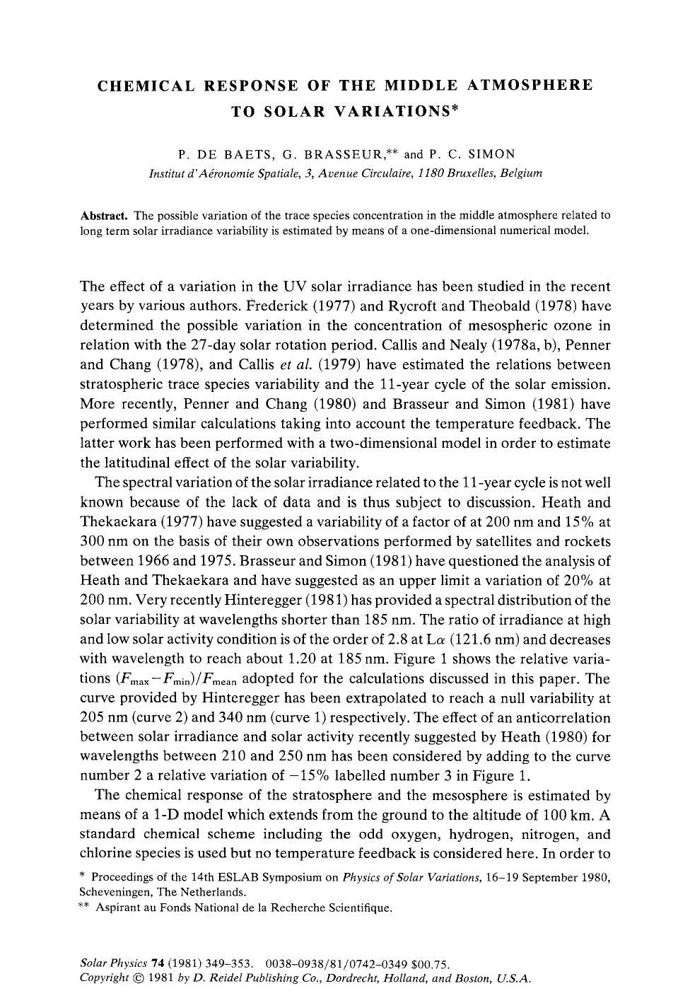 Chemical response of the middle atmosphere to solar variations by Unknown