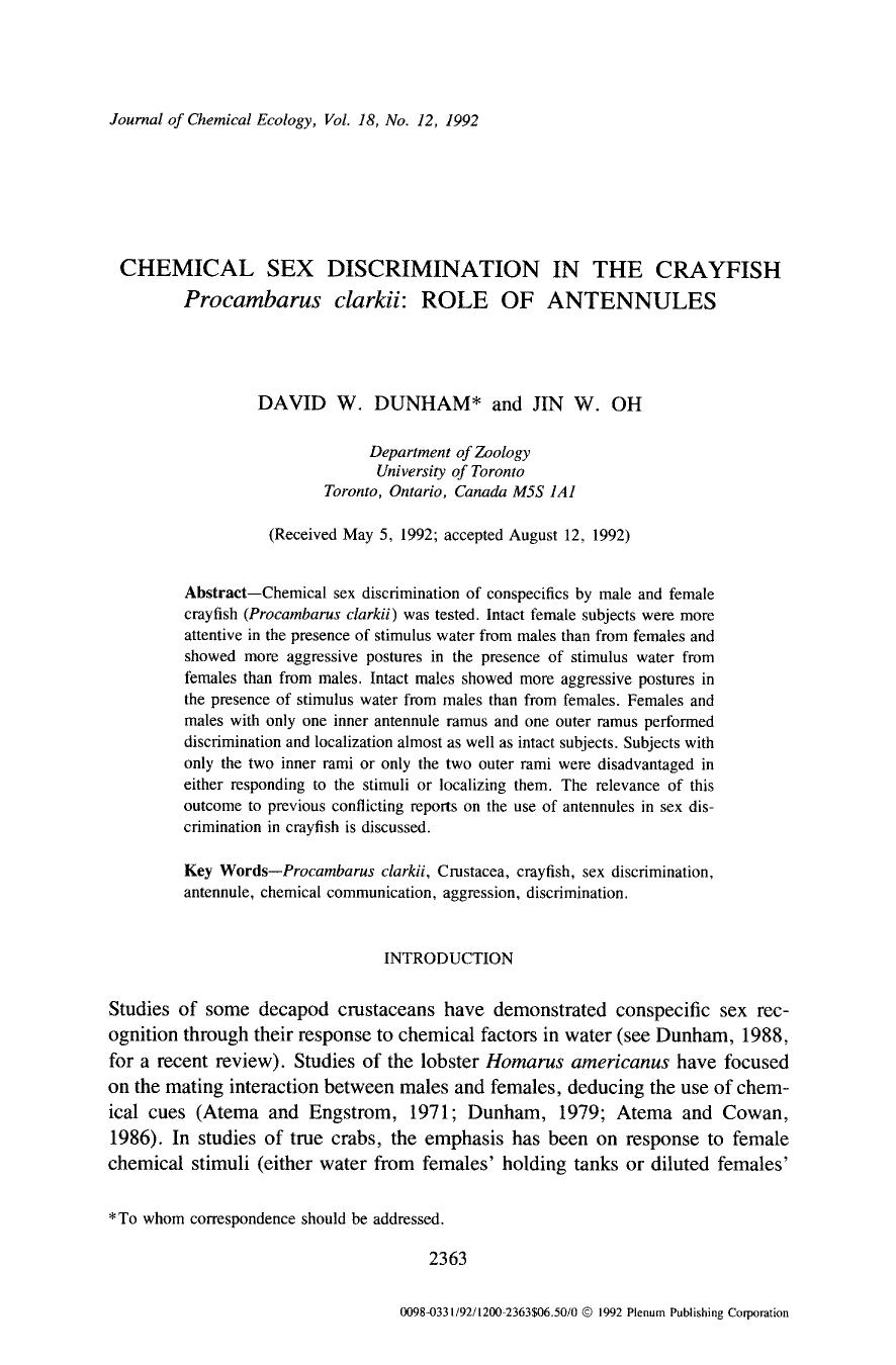 Chemical sex discrimination in the crayfish <Emphasis Type="Italic">Procambarus clarkii <Emphasis>: Role of antennules by Unknown