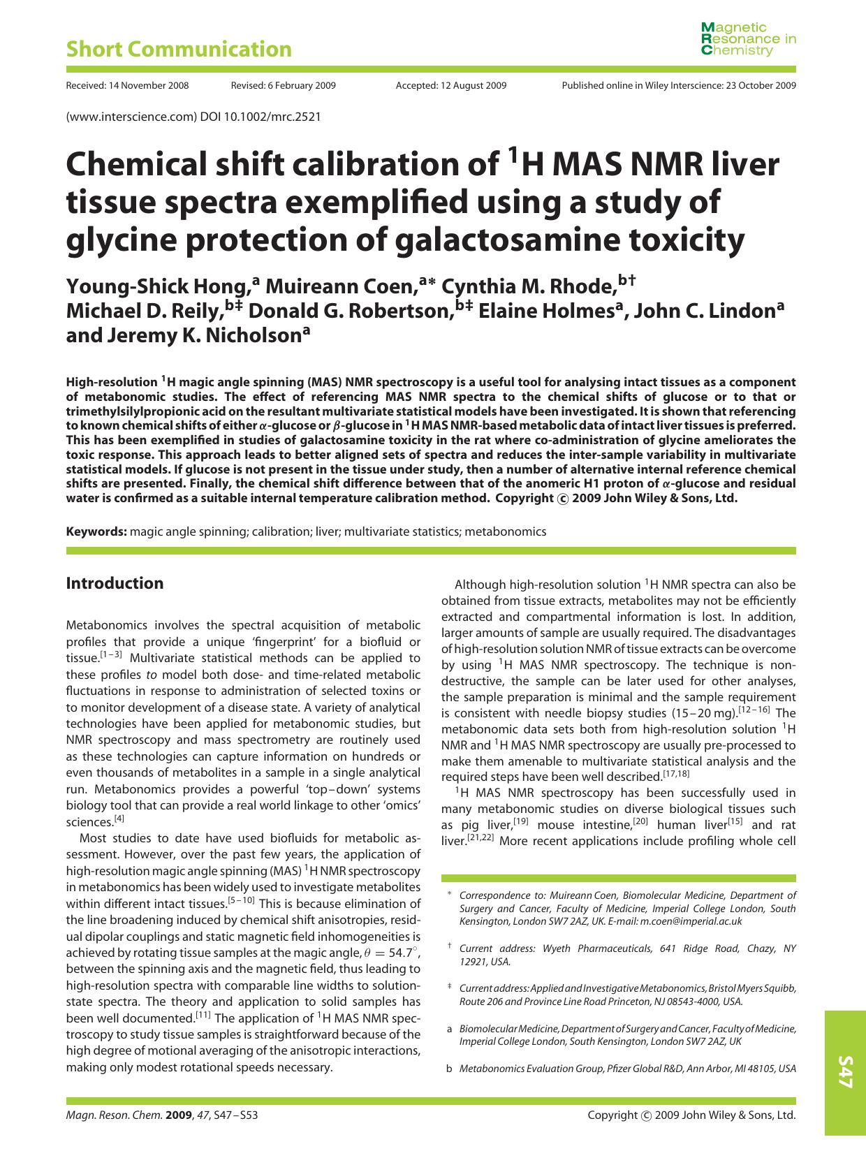 Chemical shift calibration of 1H MAS NMR liver tissue spectra exemplified using a study of glycine protection of galactosamine toxicity by Unknown