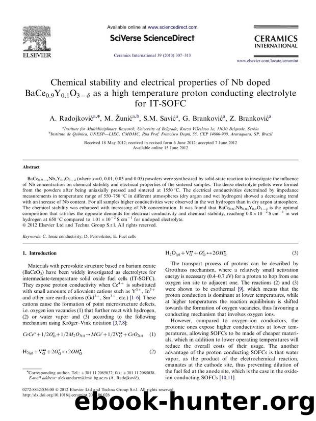 Chemical stability and electrical properties of Nb doped BaCe0.9Y0.1O3âÎ´ as a high temperature proton conducting electrolyte for IT-SOFC by A. Radojković & M. Žunić & S.M. Savić & G. Branković & Z. Branković