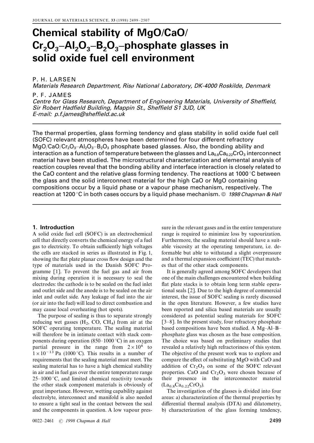 Chemical stability of MgOCaOCr2O3–Al2O3–B2O3–phosphate glasses in solid oxide fuel cell environment by Unknown