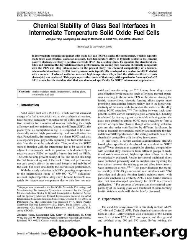 Chemical stability of glass seal interfaces in intermediate temperature solid oxide fuel cells by Unknown