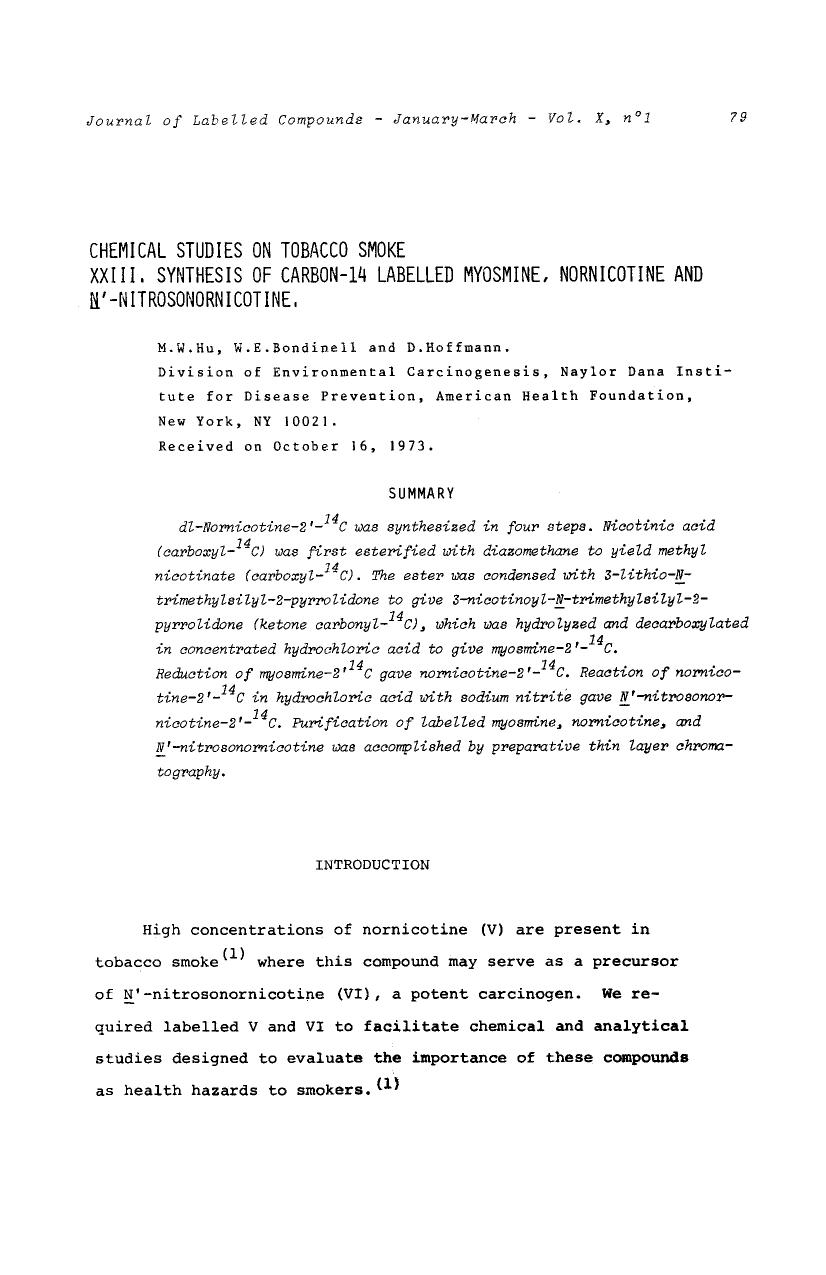 Chemical studies on tobacco smoke XXIII. Synthesis of carbon-14 labelled myosmine, nornicotine and N[prime]-nitrosonornicotine by Unknown