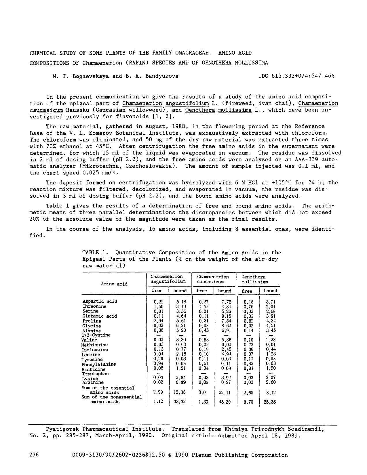 Chemical study of some plants of the family Onagraceae. Amino acid compositions of Chamaenerion (rafin) species and of Oenothera mollissima by Unknown