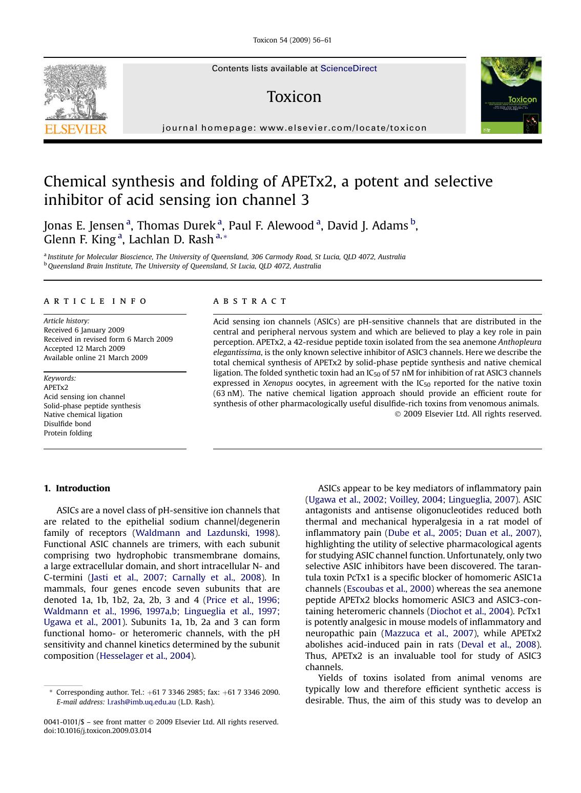 Chemical synthesis and folding of APETx2, a potent and selective inhibitor of acid sensing ion channel 3 by Jonas E. Jensen; Thomas Durek; Paul F. Alewood; David J. Adams; Glenn F. King; Lachlan D. Rash