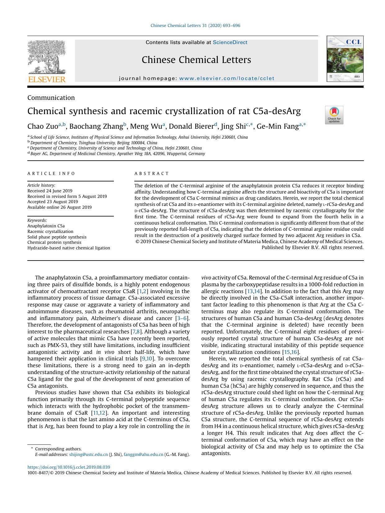 Chemical synthesis and racemic crystallization of rat C5a-desArg by Chao Zuo & Baochang Zhang & Meng Wu & Donald Bierer & Jing Shi & Ge-Min Fang