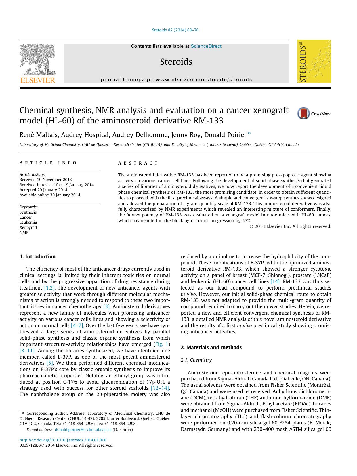 Chemical synthesis, NMR analysis and evaluation on a cancer xenograft model (HL-60) of the aminosteroid derivative RM-133 by RenÃ© Maltais & Audrey Hospital & Audrey Delhomme & Jenny Roy & Donald Poirier