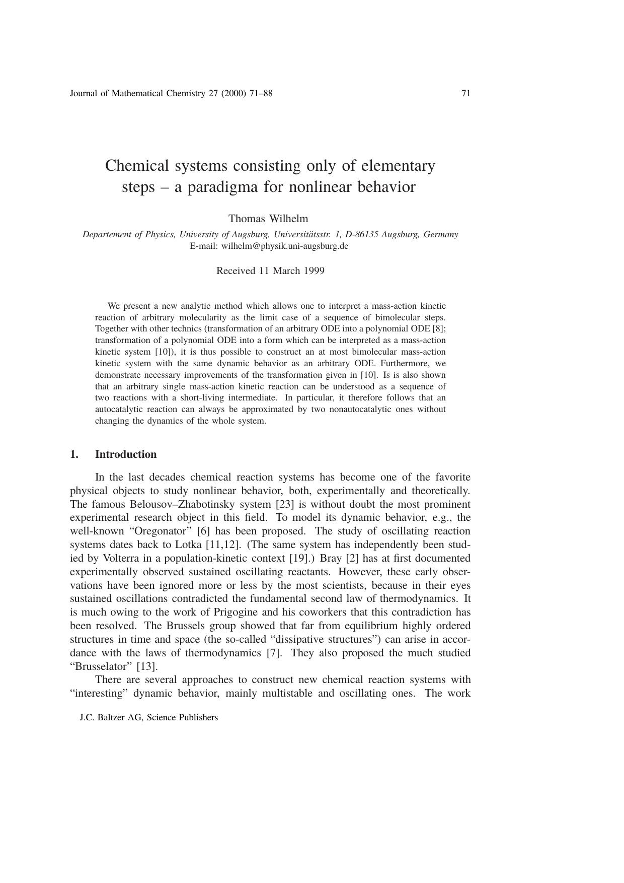 Chemical systems consisting only of elementary steps &#x2013; a paradigma for nonlinear behavior by Unknown