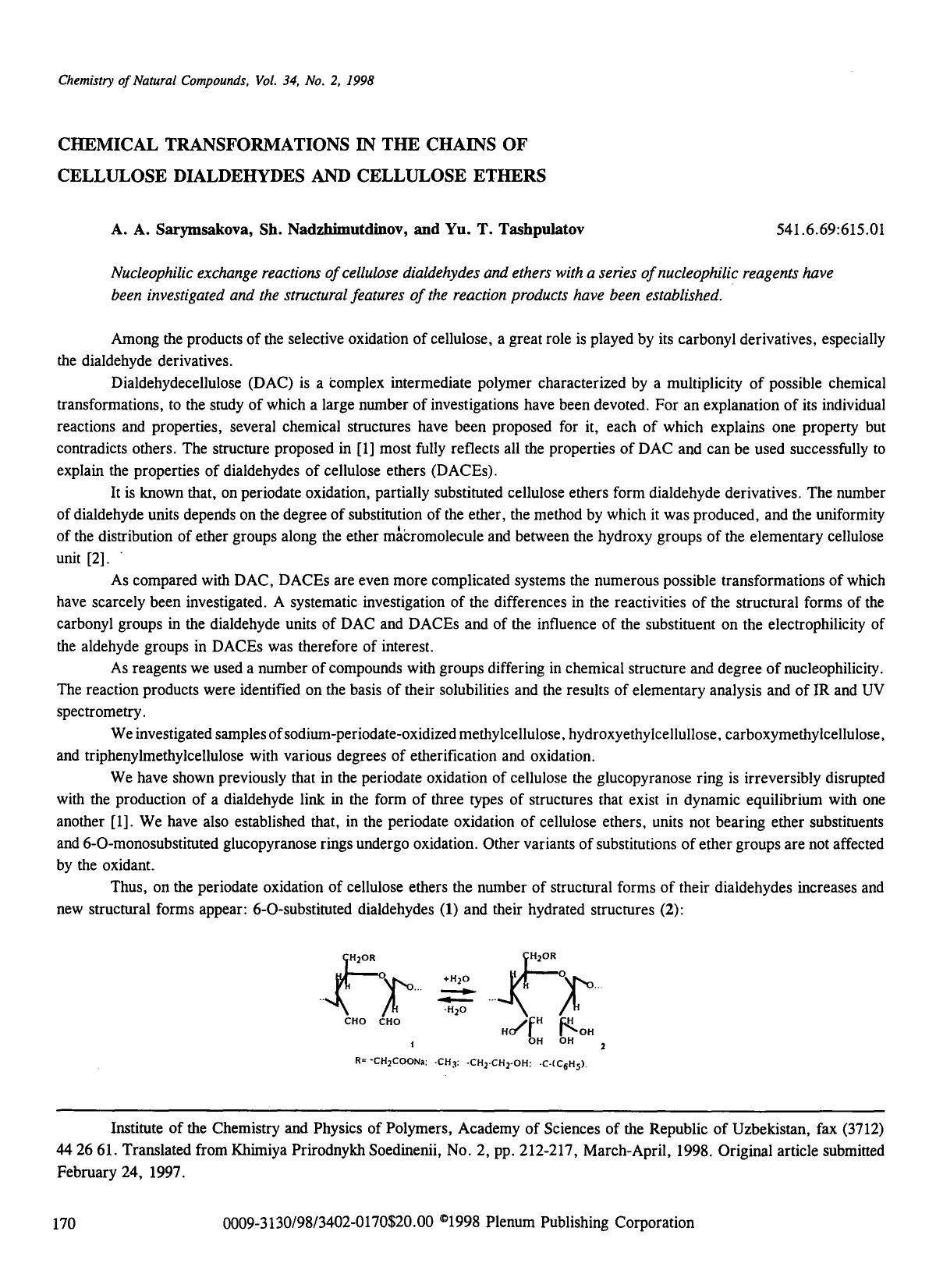 Chemical transformations in the chains of cellulose dialdehydes and cellulose ethers by Unknown