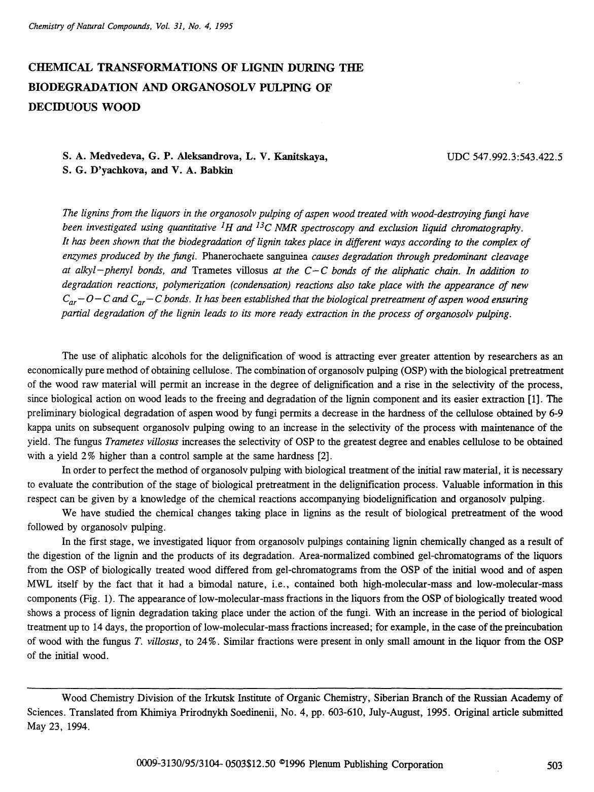 Chemical transformations of lignin during the biodegradation and organosolv pulping of deciduous wood by Unknown