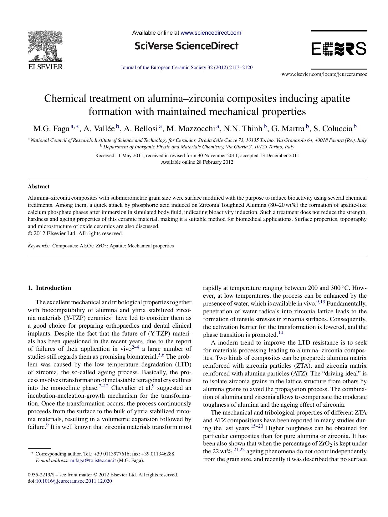 Chemical treatment on aluminaâzirconia composites inducing apatite formation with maintained mechanical properties by M.G. Faga