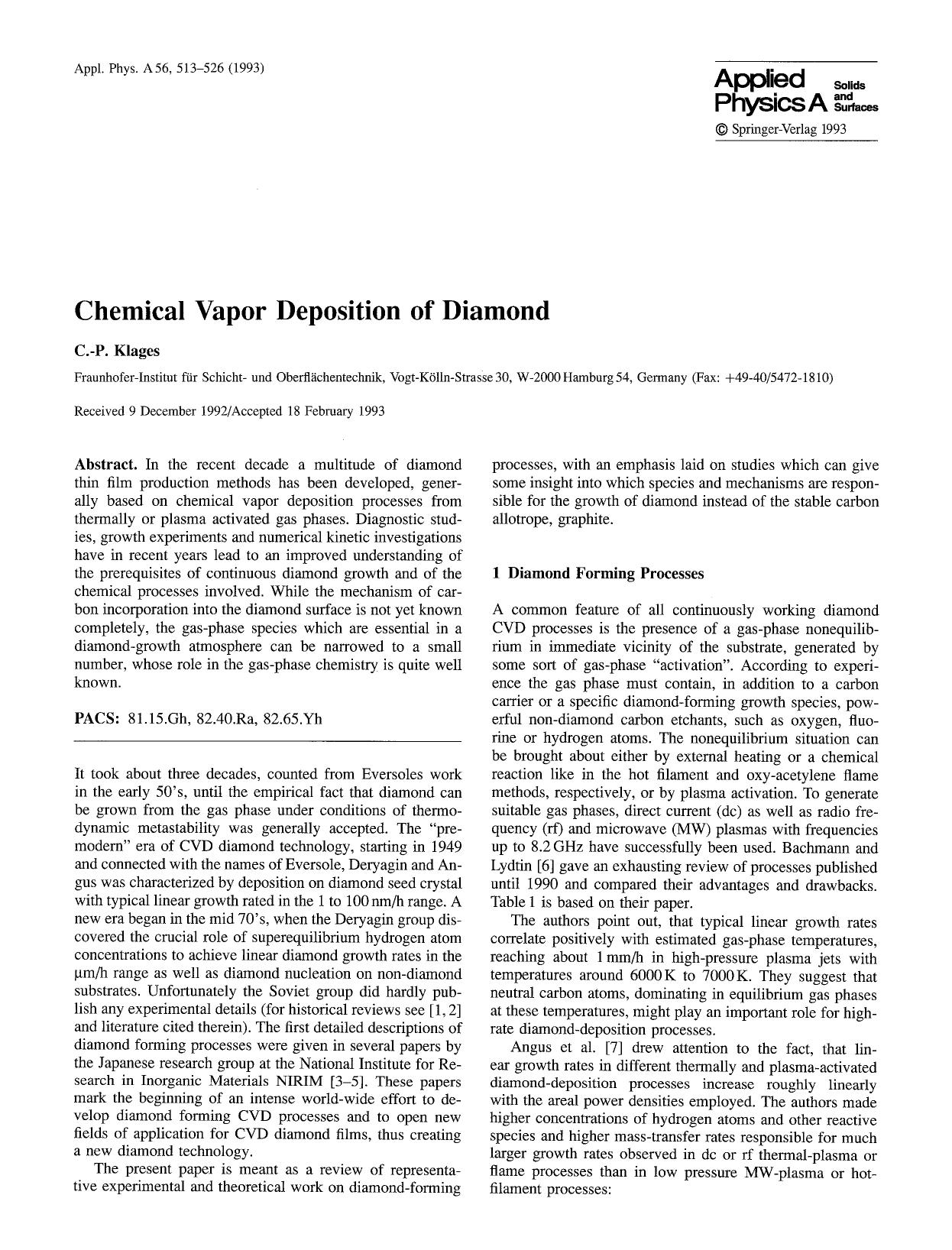 Chemical vapor deposition of diamond by Unknown