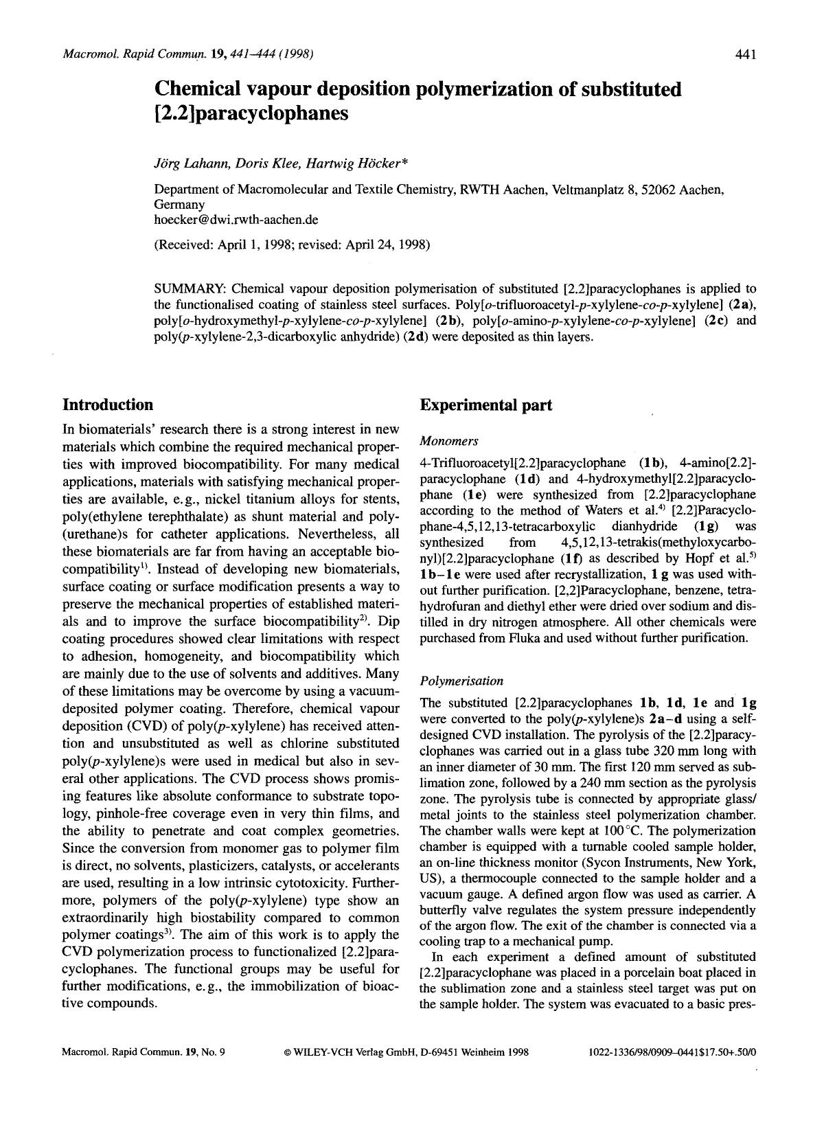 Chemical vapour deposition polymerization of substituted [2.2]paracyclophanes by Unknown