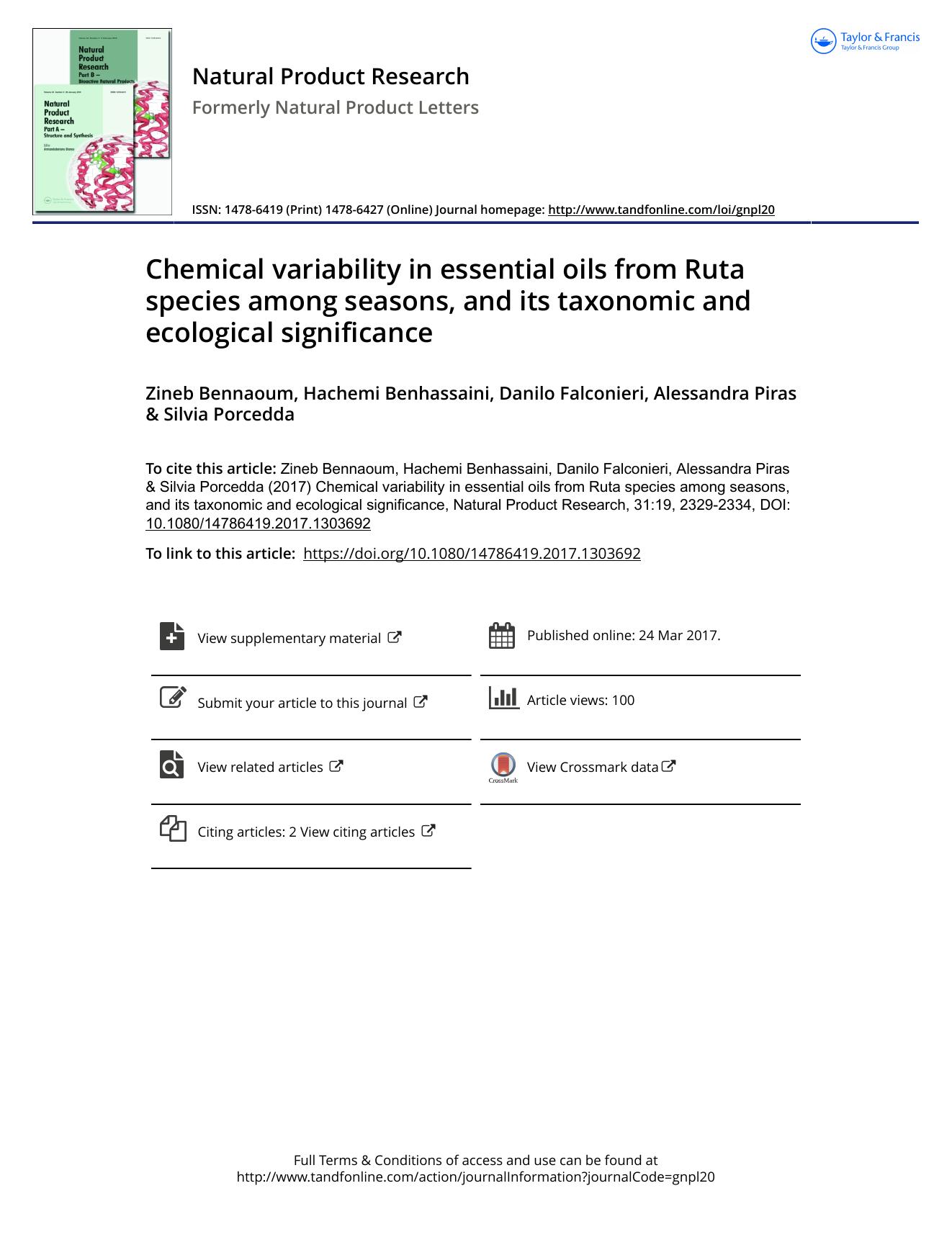 Chemical variability in essential oils from Ruta species among seasons, and its taxonomic and ecological significance by Zineb Bennaoum & Hachemi Benhassaini & Danilo Falconieri & Alessandra Piras & Silvia Porcedda