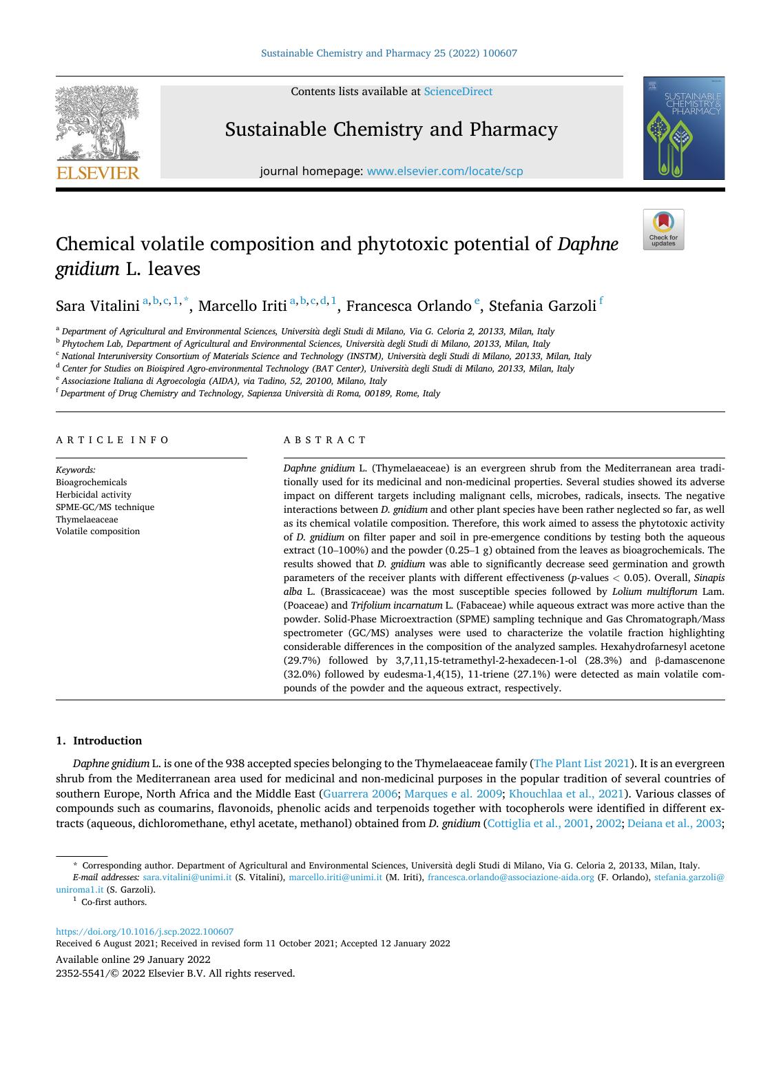 Chemical volatile composition and phytotoxic potential of Daphne gnidium L. leaves by Sara Vitalini & Marcello Iriti & Francesca Orlando & Stefania Garzoli