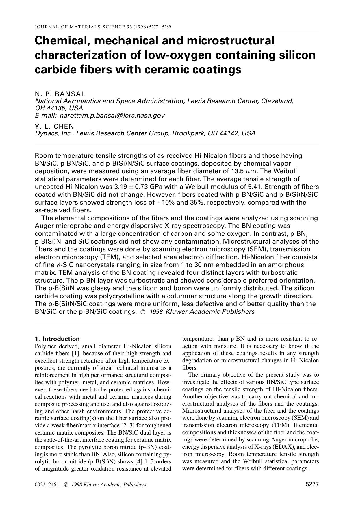 Chemical, mechanical and microstructural characterization of low-oxygen containing silicon carbide fibers with ceramic coatings by Unknown