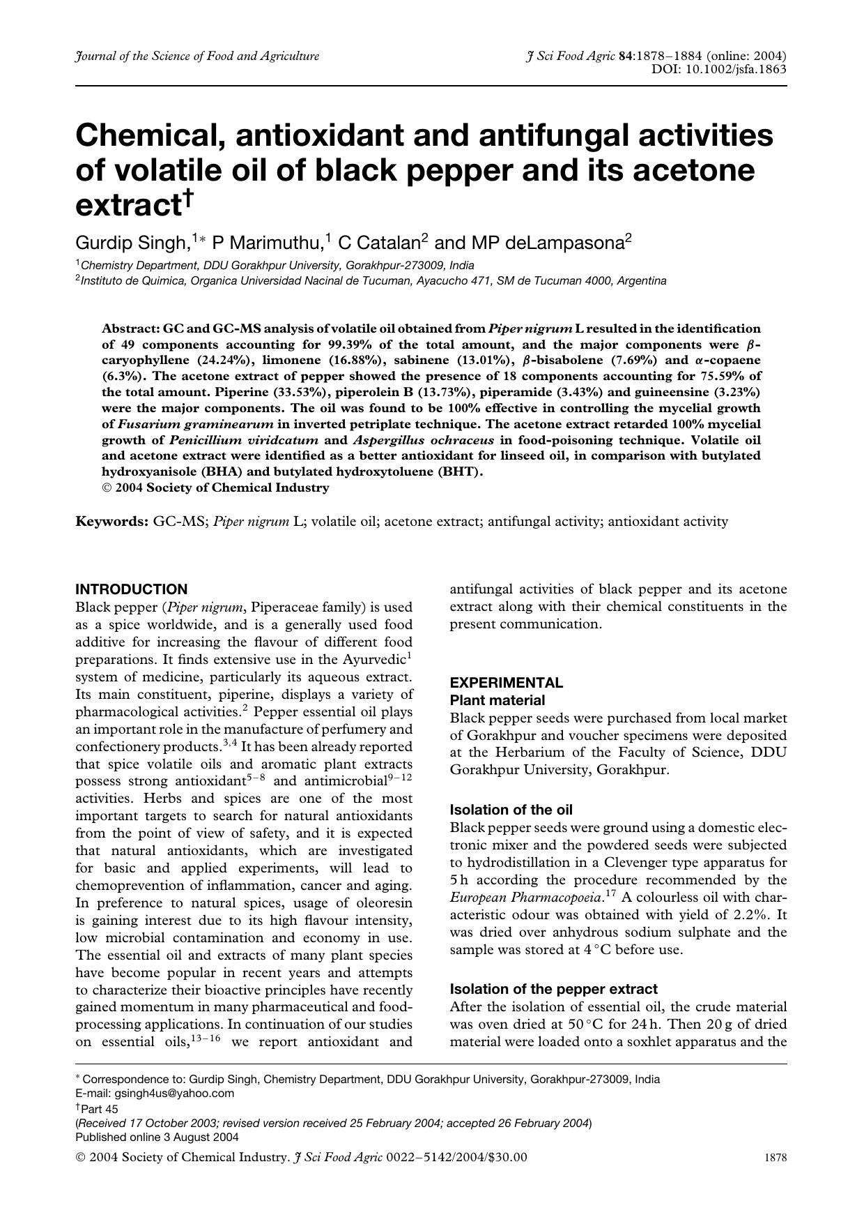 Chemical, antioxidant and antifungal activities of volatile oil of black pepper and its acetone extract by Unknown