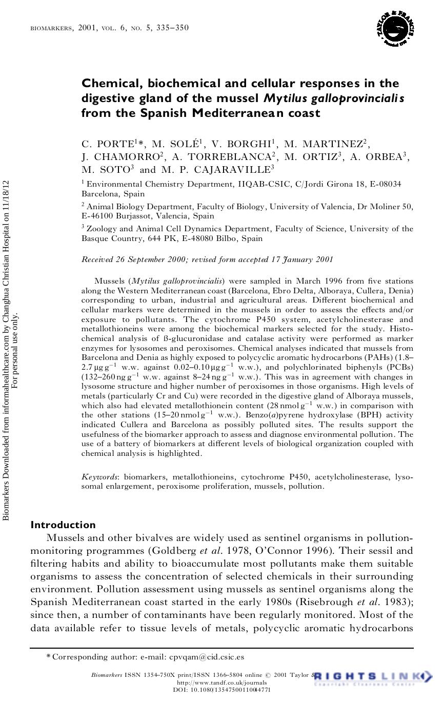 Chemical, biochemical and cellular responses in the digestive gland of the mussel Mytilus galloprovincialis from the Spanish Mediterranean coast by unknow