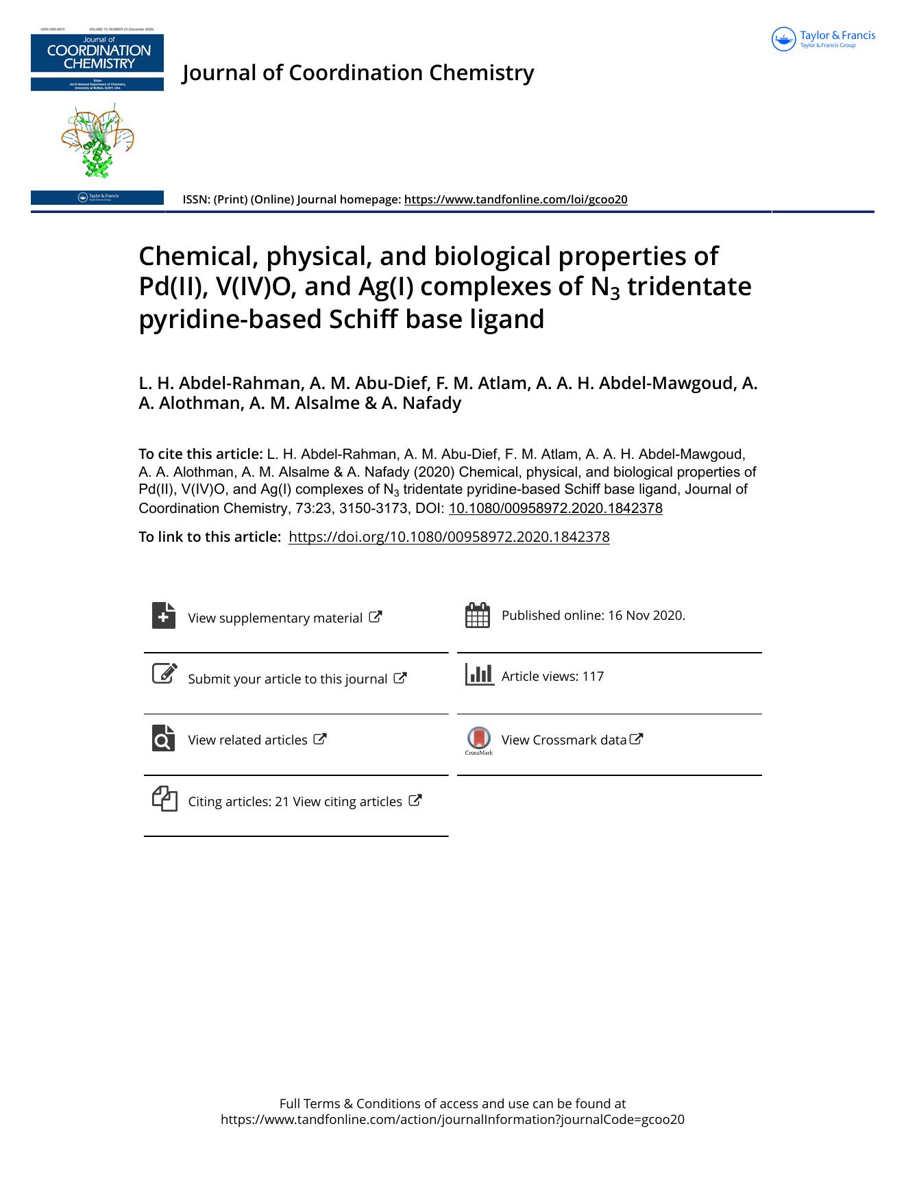 Chemical, physical, and biological properties of Pd(II), V(IV)O, and Ag(I) complexes of N3 tridentate pyridine-based Schiff base ligand by unknow