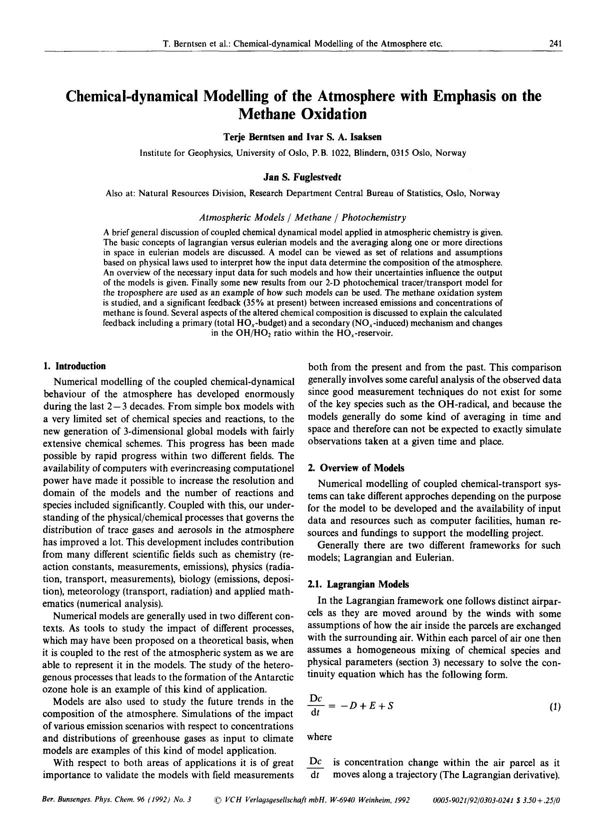 Chemical-dynamical Modelling of the Atmosphere with Emphasis on the Methane Oxidation by Unknown