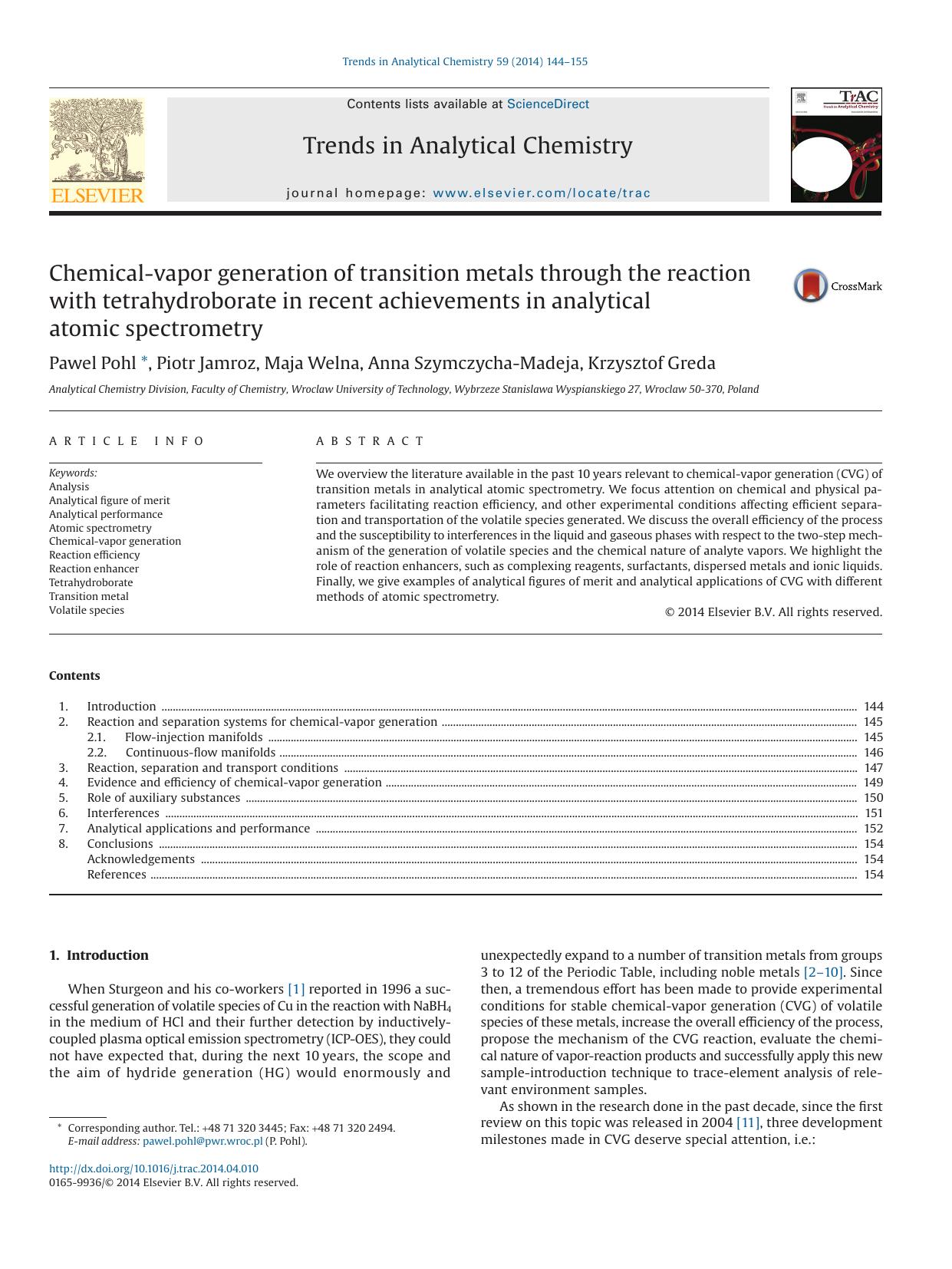 Chemical-vapor generation of transition metals through the reaction with tetrahydroborate in recent achievements in analytical atomic spectrometry by Pawel Pohl & Piotr Jamroz & Maja Welna & Anna Szymczycha-Madeja & Krzysztof Greda