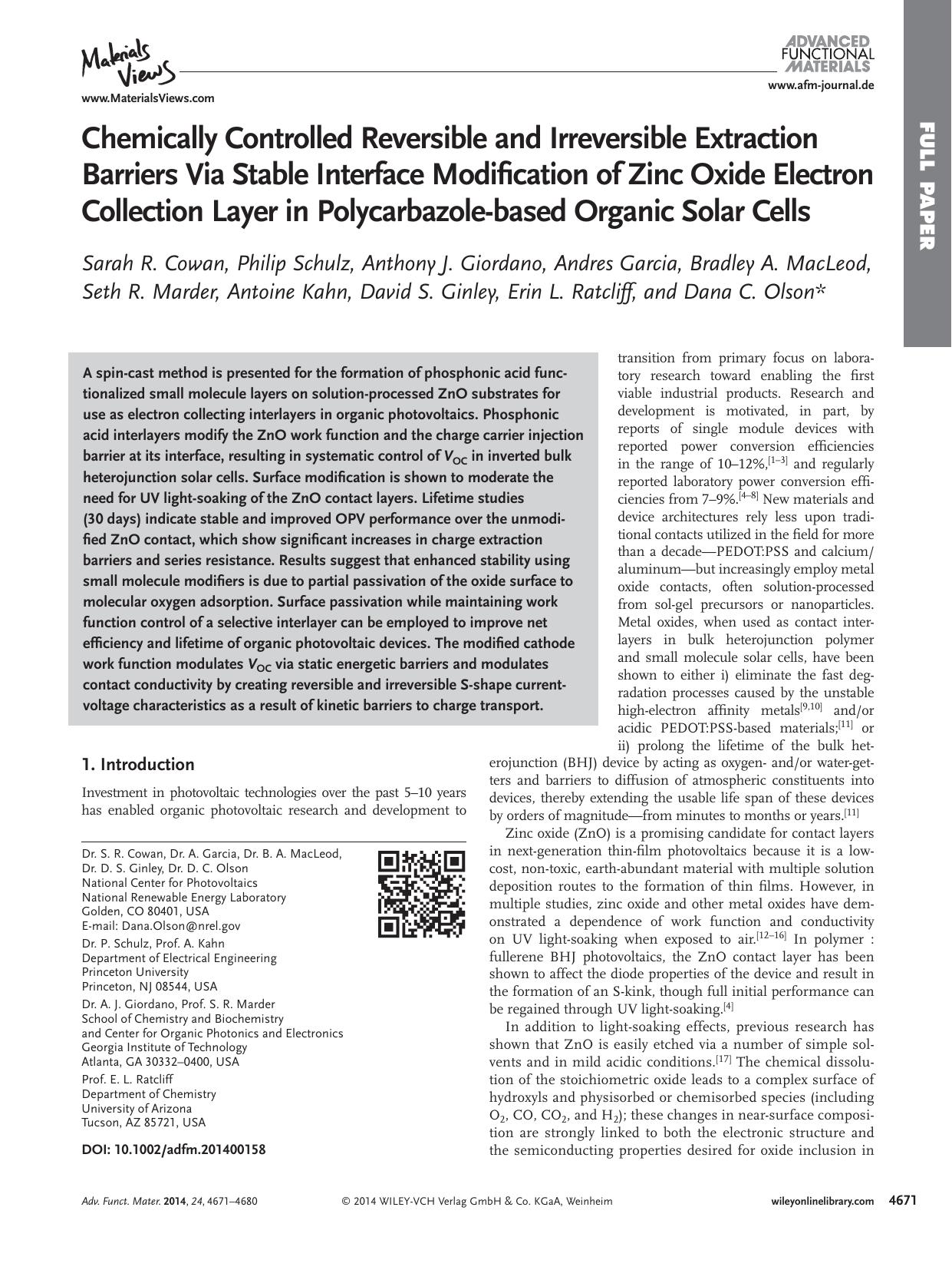 Chemically Controlled Reversible and Irreversible Extraction Barriers Via Stable Interface Modification of Zinc Oxide Electron Collection Layer in Polycarbazolebased Organic Solar Cells by processteam