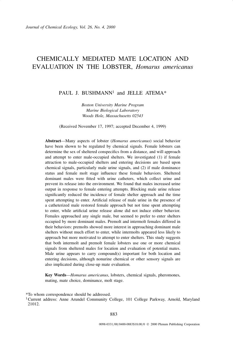 Chemically Mediated Mate Location and Evaluation in the Lobster, Homarus americanus by Unknown