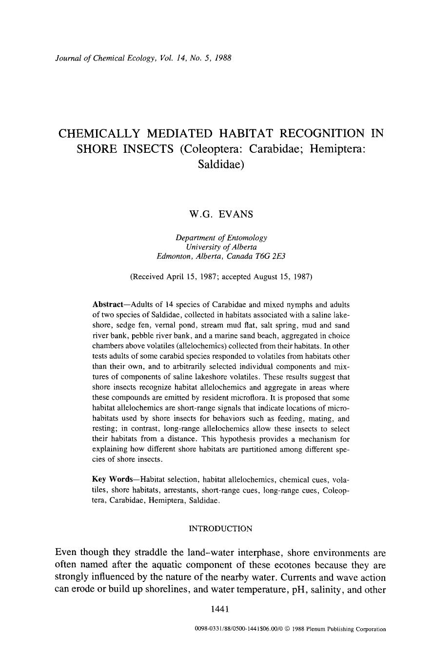 Chemically mediated habitat recognition in shore insects (Coleoptera: Carabidae; Hemiptera: Saldidae) by Unknown