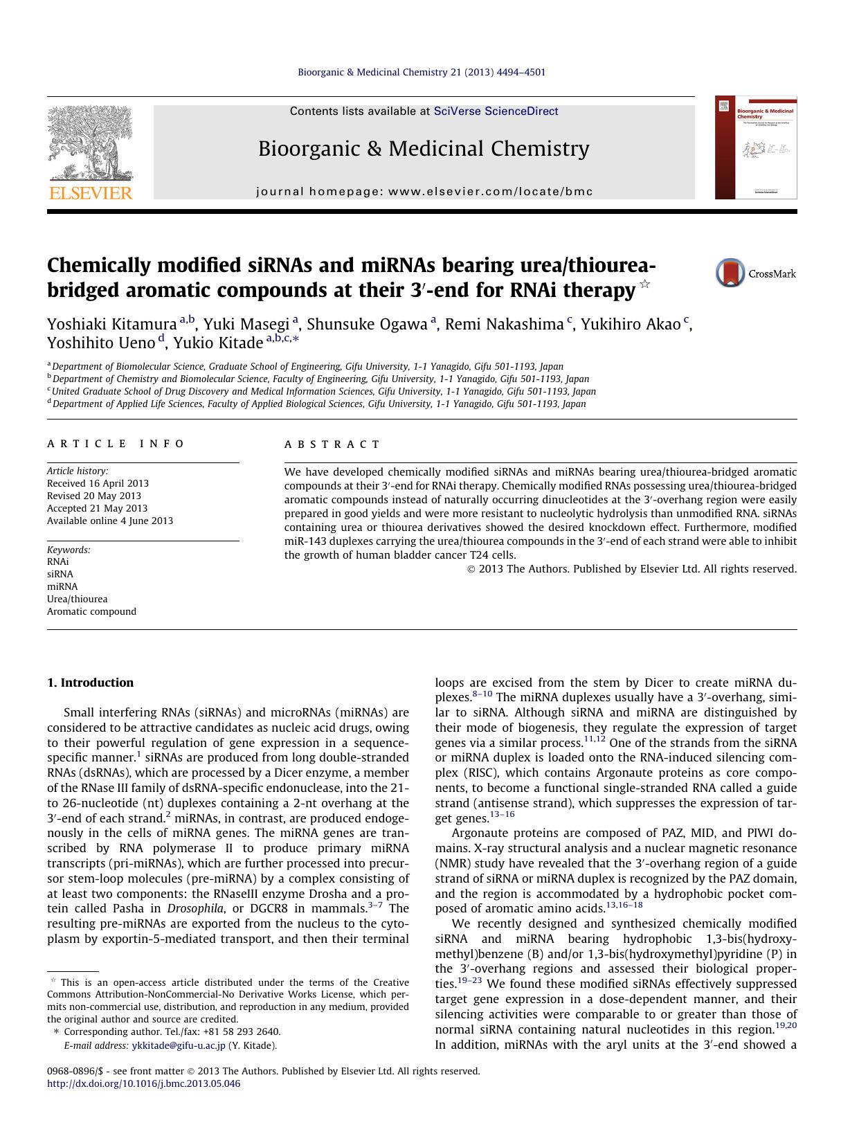 Chemically modified siRNAs and miRNAs bearing ureathiourea-bridged aromatic compounds at their 3â²-end for RNAi therapy by unknow