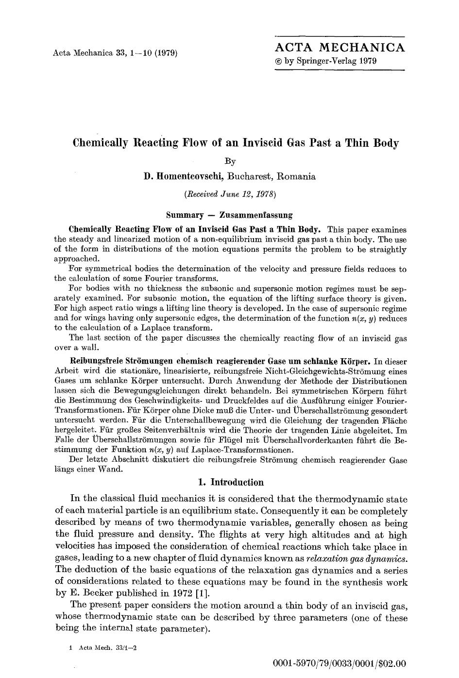 Chemically reacting flow of an inviscid gas past a thin body by Unknown