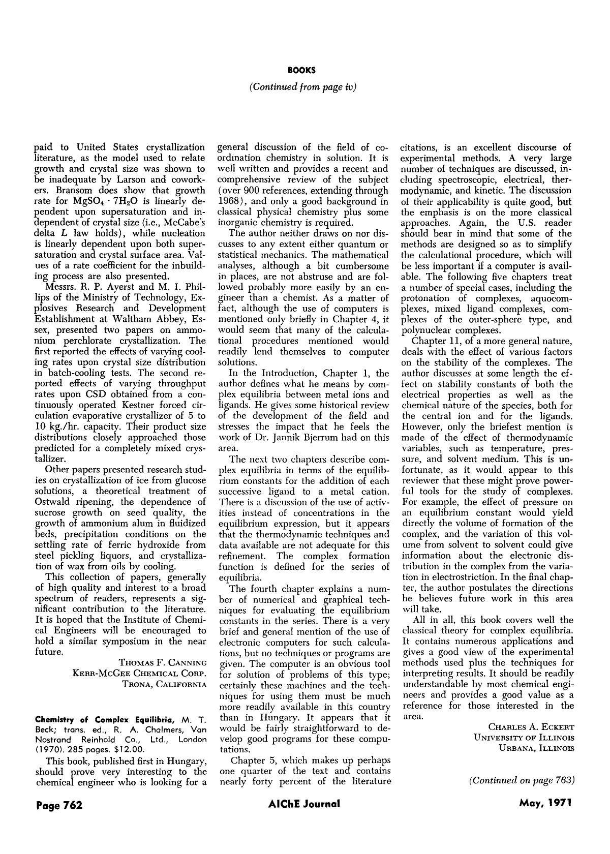 Chemiery of Complex Equilibria, M. T. Beck; trans. ed., R. A. Chalrners, Van Nostrand Reinhold Co., Ltd., London (1970). 285 pages. [dollar]12.00. by Unknown