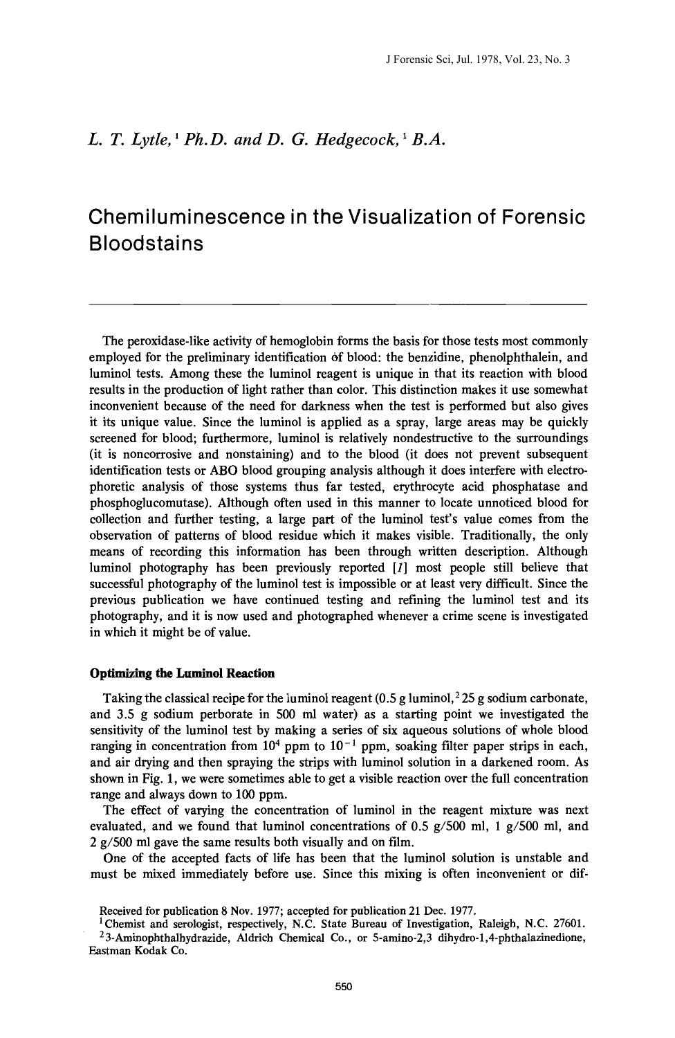 Chemiluminescence in the Visualization of Forensic Bloodstains by Lytle LT Hedgecock DG